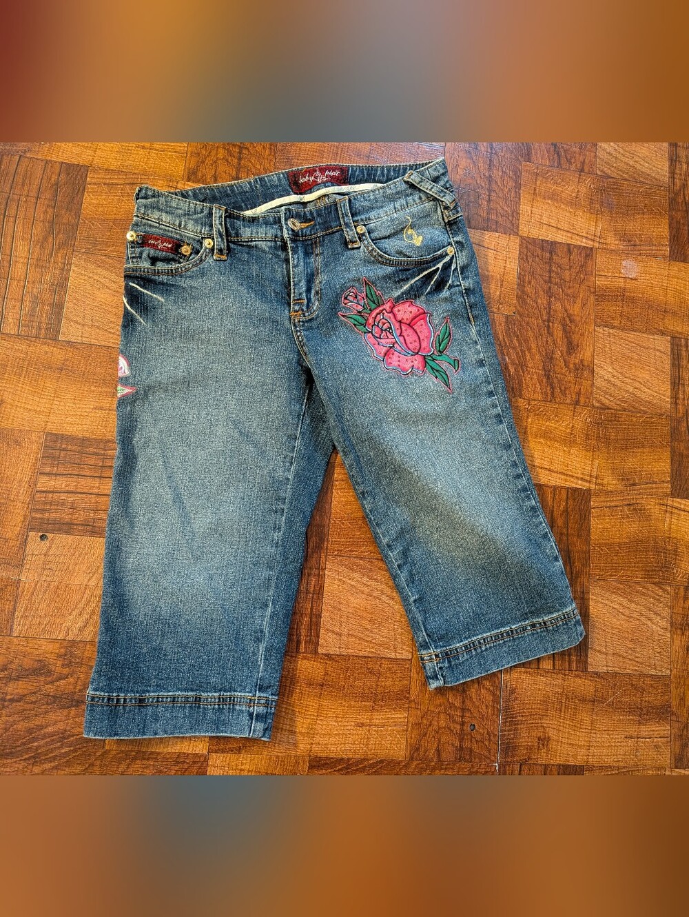 Baby Phat Y2K Jean Shorts Jorts Vintage Size 3 Juniors Patches Floral Roses